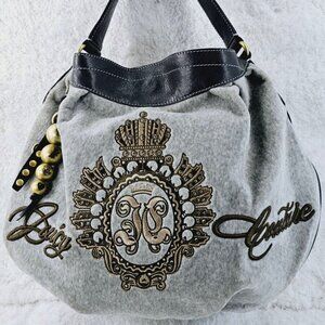 JUICY COUTURE Y2K Fluffy Gray Velour Embroidered Crown Signature Charm Bag